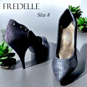 Fredelle Charcoal Gray Printed Suede Studded Pumps
